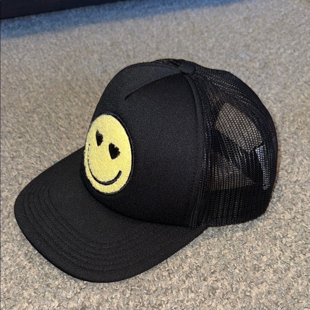 ‘Mighty Fine’ Black and Yellow Trucker Hat with Smiley Face
